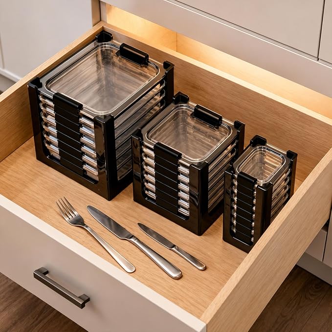 3PCS Clear Acrylic Food Container Lid Organizer for Rubbermaid Brilliance Nap-on Lids, Stackable Lid Holder Rack, Kitchen Storage Holder 4.7 Cup, 3.2 Cup, 1.3 Cup. 0.5 Cup Container，Black