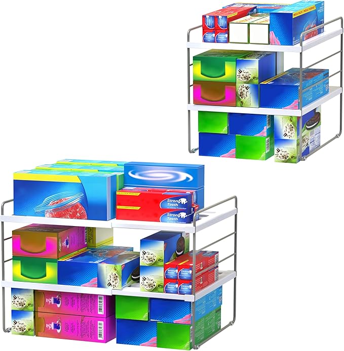 YAN & HIN 2 Pack Expandable Cabinet Organizer Shelf, 3-Tier Kitchen Cabinet Organizer for Tupperware & Food Container Storage, Adjustable Pantry Shelf Organizer for Bottles, Lids & Countertop