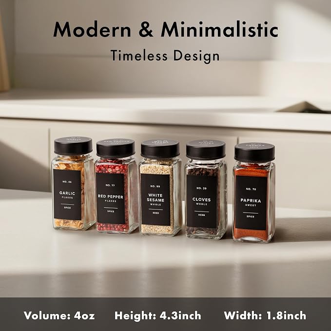 EDELHAUS Glass Spice Jars with Label, Seasoning Set, 24x Black Steel Lids | Airtight Lids keep spices fresh, Kitchen Spice Drawer Organizer, 4oz Seasoning Containers incl. Funnel, Brush & 240 Labels