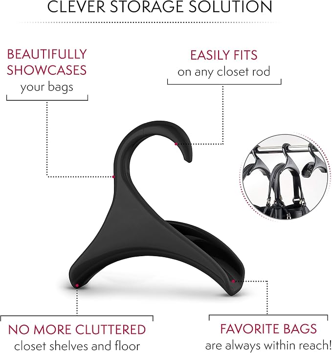 Bag-a-Vie Purse Hanger for Closet - Handbag Organizer Hooks for Hanging Bags & Purses, Protecting Bag Shape & Organizing Space (6 Hangers, Black Plastic)