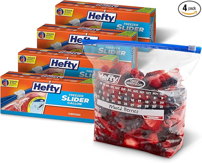 Hefty Calendar Slider Gallon Freezer Bags, 25 Count (Pack of 4), Gallon Slider Bags for Freezer with Calendar Dates, Holds Raw Meat, Soups, Fruits and Veggies, and More, Secure Zip and Click Closure