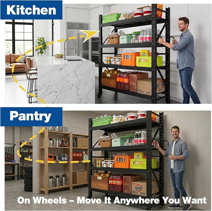 Heavy Duty Garage Shelving Unit with Wheels,Adjustable Rolling Storage Rack | 2500LBS Capacity, Solid Shelves, Adjustable Height, Lockable 360° Wheels, Anti-rust Finish, for Garage Warehouse Industrial