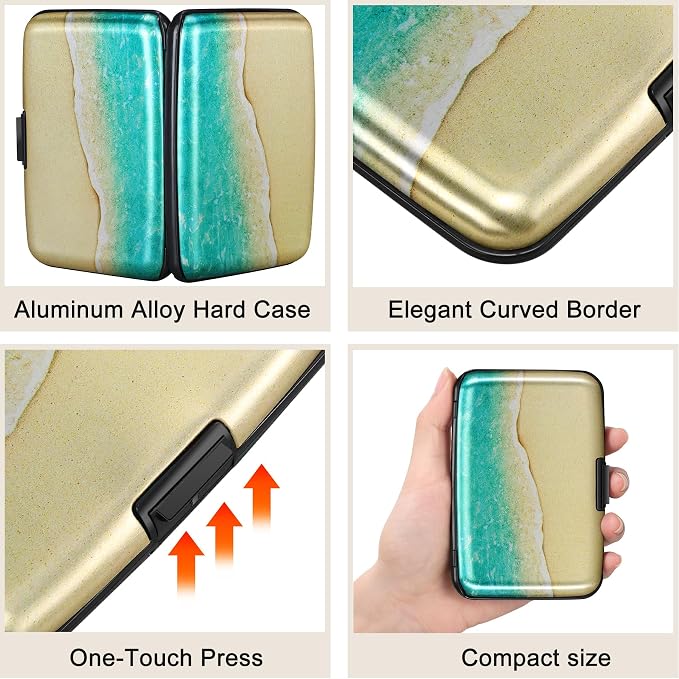 ELFISH Mini RFID Aluminum Wallet Credit Cards Holder Business Card Case Metal ID Case for Men Women（Beach
