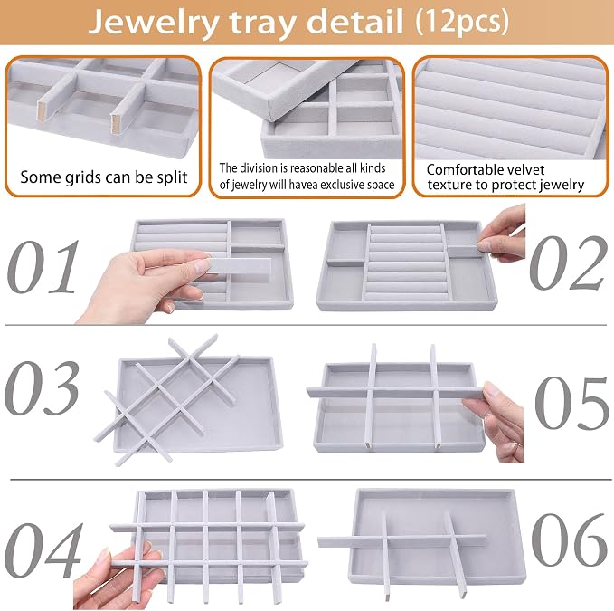 12 Set Jewelry Tray Velvet Jewelry Drawer Organizer Necklace Bracelet Display Tray for Earring, Ring, Brooch, Watch