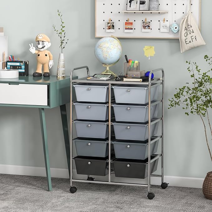 COSTWAY 10 Drawer Rolling Storage Cart, Utility Cart with Lockable Wheels | Mobile Art Supply Craft Organizer with Metal Frame, Multipurpose Drawer Cart for Paper for Office, School, Mixed Black