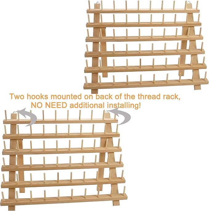 New brothread 2X60 Spools Wooden Thread Rack/Thread Holder Organizer with Hanging Hooks for Embroidery Quilting and Sewing threads