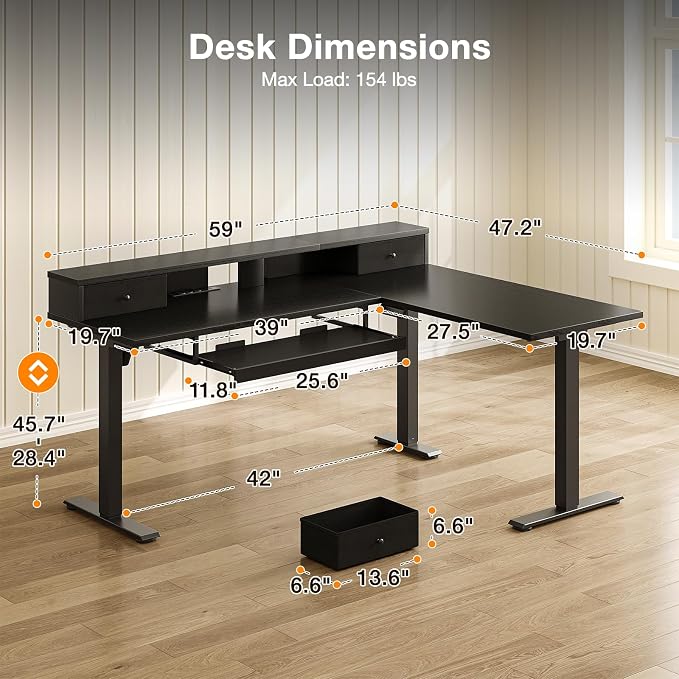 Casaottima 59" L Shaped Electric Standing Desk with Drawers, Black | Monitor Stand, Keyboard Tray, Fabric Drawer, Power Outlets, Height Adjustable Corner Stand Up Desk for Organized Home Office