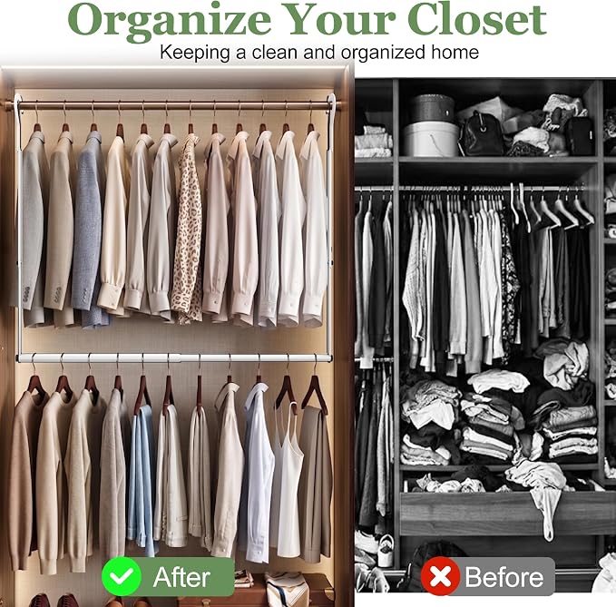 OPKING Double Hanging Closet Rod Extenders Adjustable Width & Height White | Stepless Adjustment, Space-Saving & Expand Space, Assemble Easily, Heavy-Duty Iron, Hold Up To 45 LBS, Smooth Surface,