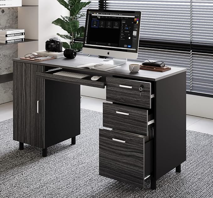Modern Designs Venice Computer Desk with Lockable Drawers, 53 Inch Home Office Desk with Storage Cabinet, Keyboard Tray & Cable Management, Modern Study Writing Desk for Small Spaces, Black and Grey