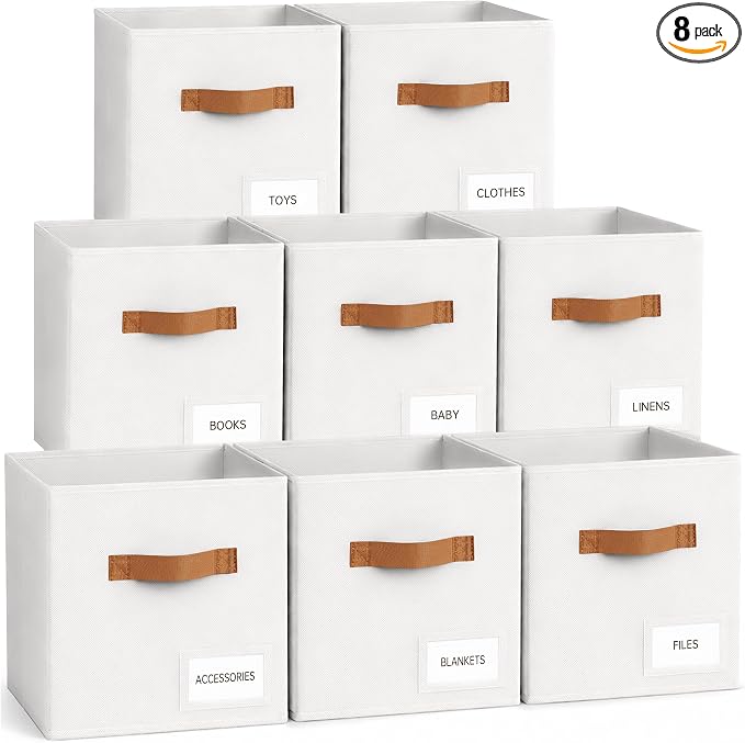 Storage Cubes 8 Pack, 11 Inch Fabric Storage Cubes Organizer Bins with Labels, Odor-Free & Sturdy PP Structure, Cubby Baskets for Closet, Shelves, Toys & Nursery (White)