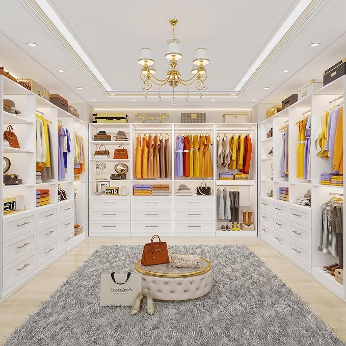 Closet System with 4 Sets, 8-21FT Closet Organizer System with 9 Drawers & 6 Shelves & 8Hanging Rods, Custom L-Shaped Walk in Closet Organizers and Storage System, Modular Closet Shelving System,White
