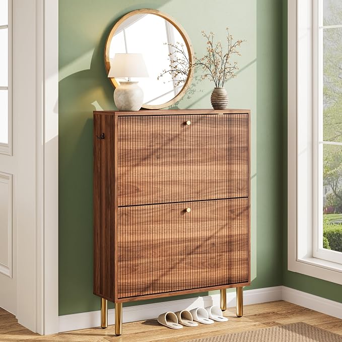 Nicetree Shoe Storage Cabinet for Entryway - 2 Flip Drawers Shoe Cabinet with Tiered Fluted Design - Slim Shoe Storage Rack with Gold Legs - Narrow Shoe Cabinet Hidden Shoe Organizer for Small Spaces