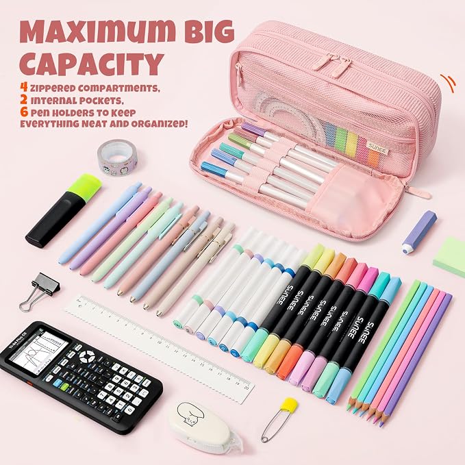 SUNEE Pencil Case, Large Capacity Pencil Pouch, Aesthetic Big Pen Bag, Soft Corduroy Pen Box for Office Stationery Organizer School Supplies Multifunctional for Teen Boys Girls Women Men, Soft Pink