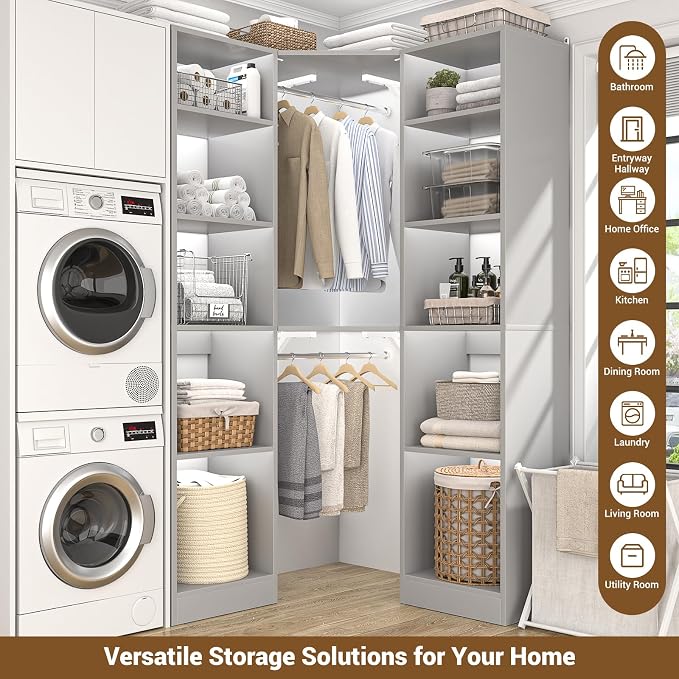 Besiost Corner Closet System with 12 Shelves, 39.2" Corner Closet Organizer System with 2 Hanging Rods, Versatile 6-Tier Walk-in Closets for Corner Space, Grey (39.2" L x 39.2" W x 80" H)