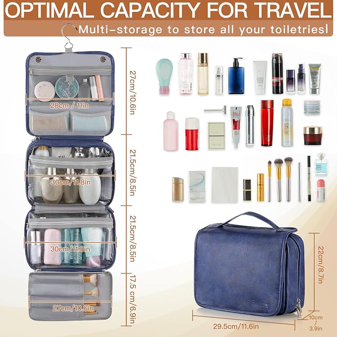 Elviros Hanging Toiletry Bag for Men PU Leather Shaving Dopp Kit (Blue) | 3-in-1 Waterproof Travel Organizer with Separate Compartments for Grooming Items, Toiletries, and Daily Essentials