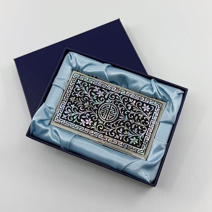 Mother of Pearl Business Card Case Credit Id Name Holder Travel Wallet Art Painting Design Metal Stainless Steel Engraved Slim Purse Pocket Cash Money Wallet (N_Arabesque)