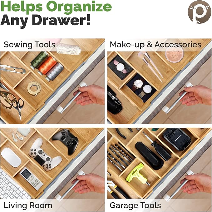 Pristine Bamboo Expandable Drawer Organizer, 10-Slot, Dark Brown | Extra Deep Non-Slip Kitchen Drawer Organizer, 17"x14.6" Expands to 25", Dark Wood Silverware Divider for Utensils