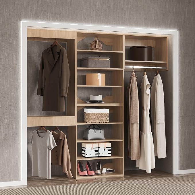 Modular Closet System, 60" Wide Closet Organizer System with Towers and Hanging, Wood Closet Tower Storage for Walk In Closets, Wall Mounted Wardrobe Organizer Kit System, Bedroom, Wood