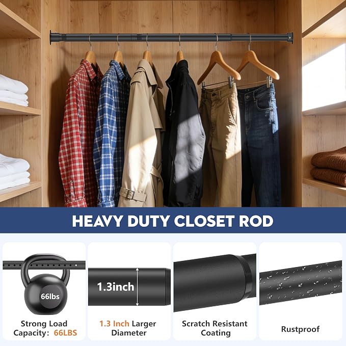 Heavy Duty Closet Rod, Adjustable 17-100 in, 1.3" Diameter | Black, Metal, Suitable for Wardrobes, Bathrooms, Laundry Room, RV