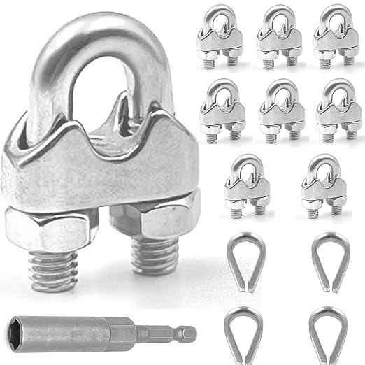 8 Pcs M12 Cable Clamps,Wire Rope Clamp,4 Pcs 1/2" Thimble | Stainless Steel Smooth Rods for Industry, Metal Working Hobbies and DIY Craft