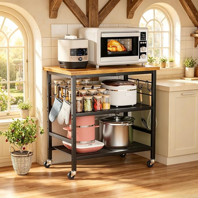 Rolling Kitchen Microwave Cart, 3 Tier Microwave Stand with Wheels, Bathroom Organizers and Storage Shelf, Coffee Bar Table Station, Utility Side Table for Kitchen, Living Room Office, Brown
