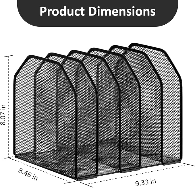 FUCDTEFC Desk File Organizer, Adjustable 5 Sections Upright Desktop Organizer File Sorter, Sturdy Metal Mesh Vertical Bookshelf File Holder Workspace Accessories for Home,School,Office Classroom,Black