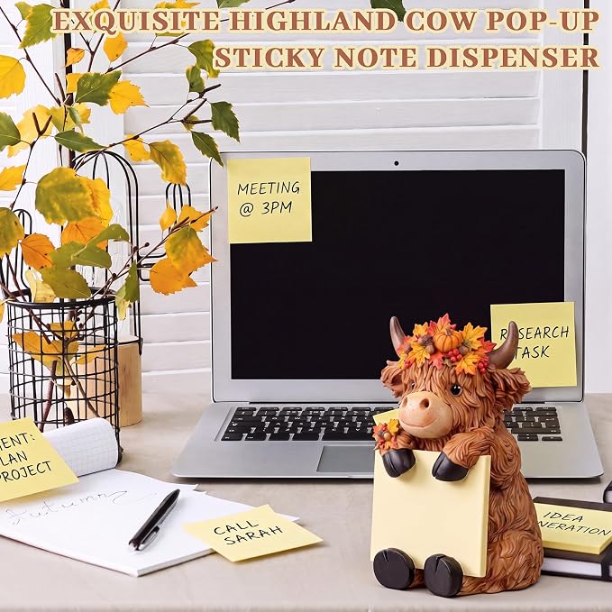 Thenshop Fall Maple Leaves Highland Cow Pop up Sticky Note Holder with Berry Pine Cone Autumn Resin Cow Dispenser with 100 Sheets 3 x 3 Inch Sticky Notes Desk Accessory for Fall Harvest Office Home