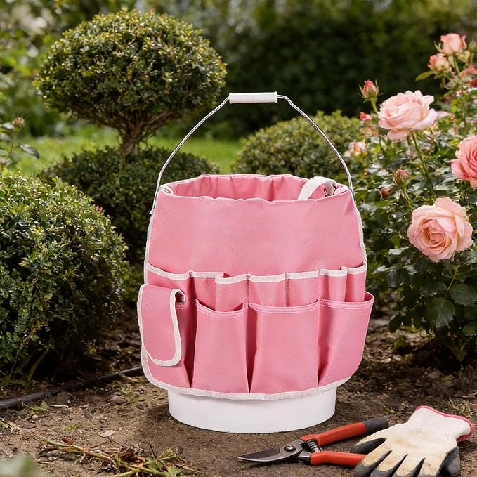 Gardening Tools Bucket Bag Tool Resistant Portable Gifts for Dad Bucket Tool Organizer for Garden Tools for Outdoor, Pink