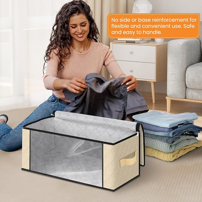 Fab totes 35L Closet Organizers and Storage, Foldable Under Bed Storage Containers, Storage bags for Organizing Bedroom, Closet, Clothing,Organization with Handle (6 Pack,Beige)