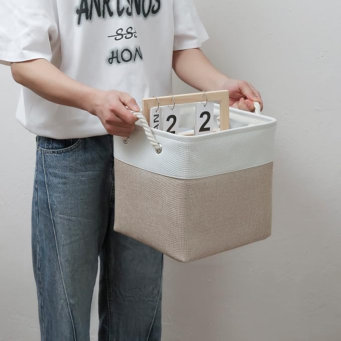 MidmmVick 11 x 11 Inch Cube Storage Bins, 6 Pack Large Collapsible Fabric Storage Bin with Ropes, Foldable Storage Cubes for Home, Office,Closet, Clothes, Toys Organizer (White & Beige-11"x11"x11")