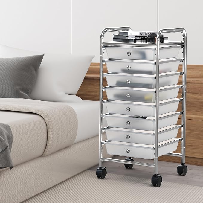Simple Houseware 8 Drawers Rolling Utility Cart Art Craft Storage, Chrome | 1-Column, 30.25" Height, Lockable Wheels, for School, Office, Art Craft, and Paper Storage