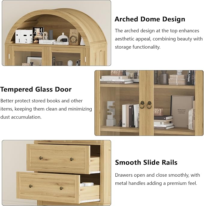 71" Tall Arched Bookshelf, 6-Tier Bookcase with Glass Doors & Adjustable Shelves, Wood Display Book Shelf with Drawers for Living Room, Dining Room, Natrual