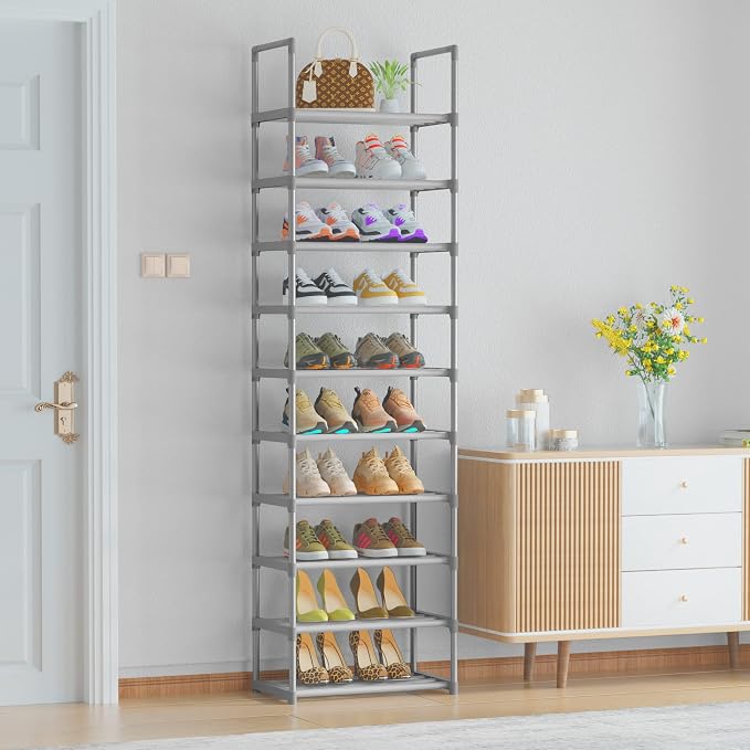 OYREL 10-Tier Metal Shoe Rack, Narrow Shoe Rack Organizer, Sturdy Shoe Shelf for Closets, Entryway, Bedroom, Garage - Silver