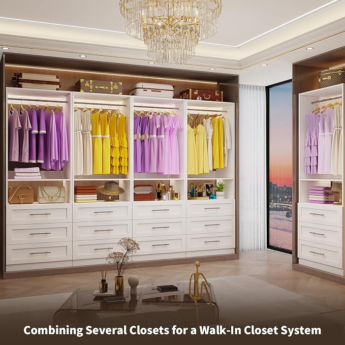 Closet System Set of 4, Closet System with 12 Drawers, 8 Rods & 4 Shelves, 8-21FT Walk in Modular Closet Organizer System, DIY Custom Built in Wood L Shape Closet Organizer Kit, White