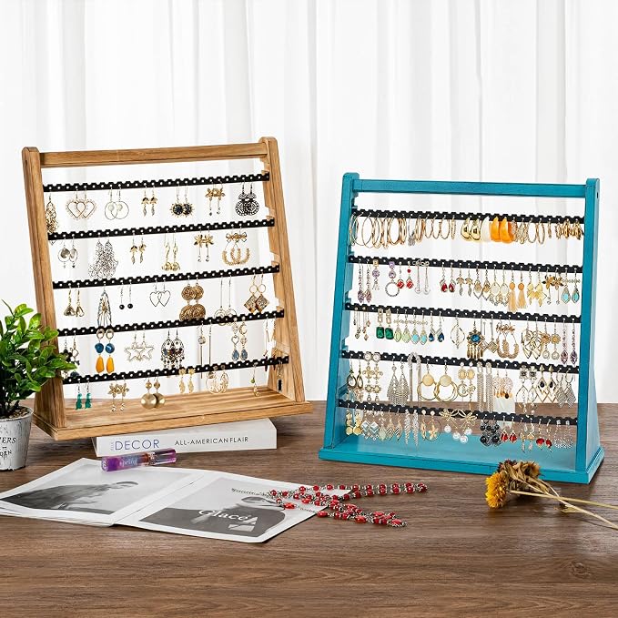Poyilooo Earring Organizer Stand, Rustic Wood Earring Holder Rack, 5 Layer Jewelry Holder Organizer with 270 Earring Tree Holes Display for Stud Earings & Hoop Earrings, Gifts for Women (Teal)
