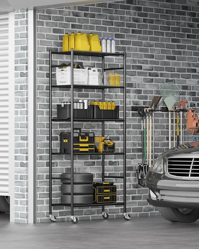 Sakugi Storage Shelves Organizer - 5 Tier Metal Shelf Organizer with Metal Wheels and Adjustable Leveling Feet, Heavy Duty Garage Shelving for Kitchen, Pantry and Closet, 33.1"x12.6"x73.5", Black