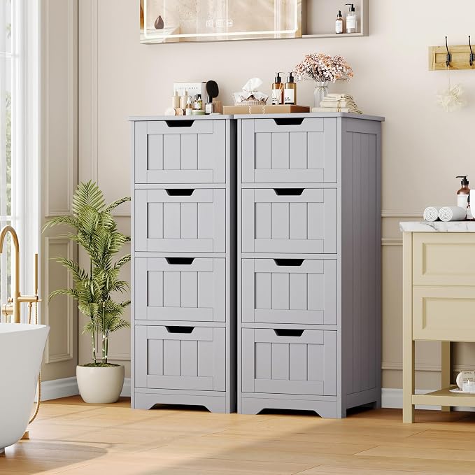 FOTOSOK Bathroom Storage Cabinet, Bathroom Cabinet with 4 Drawers, 11.8” x 11.8” x 32.5” Freestanding Entryway Cupboard Storage Organizer Unit Home Furniture Decor, Grey