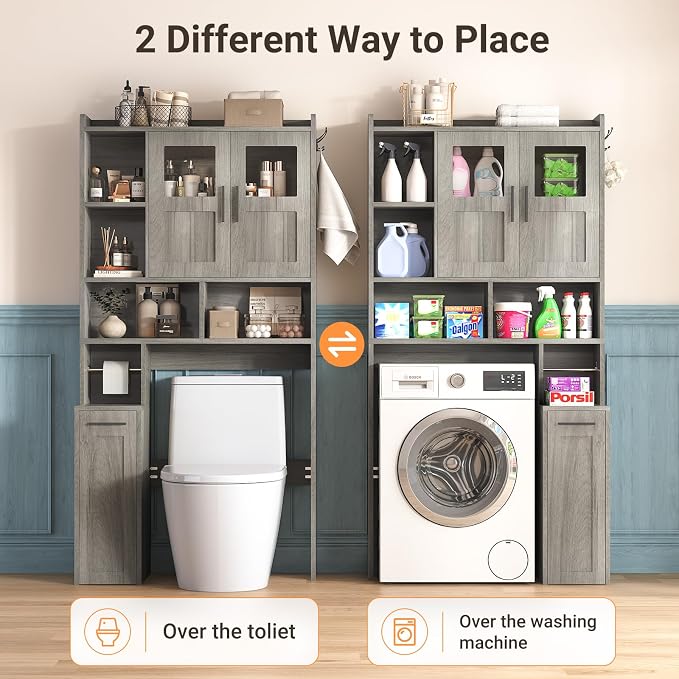 ELYKEN Over The Toilet Storage Cabinet with Pulley Bathroom Storage Cabinet, Home Space-Saving Over Toilet Rack with Glass Doors & Adjustable Open Shelf for Bathroom, Restroom, Laundry, Grey