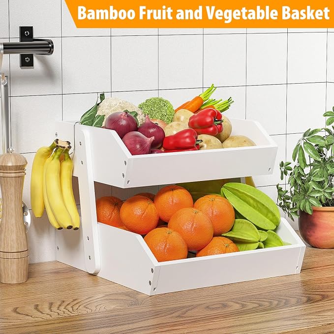 Gmtsl Bamboo Fruit Basket for Kitchen, Fruit Holder for Kitchen Countertop | 2 Tier Fruit bowl for Kitchen Counter, Fruit Stand, Vegetable Basket Storage, Produce Organizer, Bread Snack Display(White)