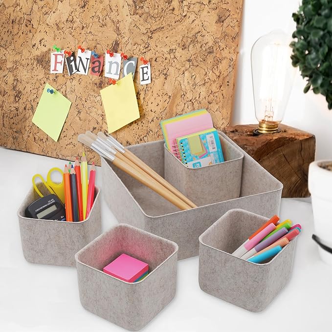 Welaxy Desk Drawer Organizers Storage bins Set Home Office Pen holder phone stand Remote controller Closet Cabinet boxes decluttering 5-piece gifts idea (Oatmeal)