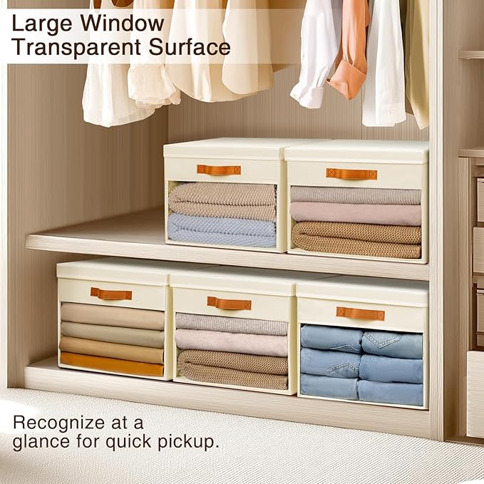 Homsorout Large Storage Bins with Lids - 3 Pack Foldable Decorative Organizers with Clear Windows & Handles, Cube Storage Organizers for Clothes, Blankets, Sweaters, Sheets, Beige