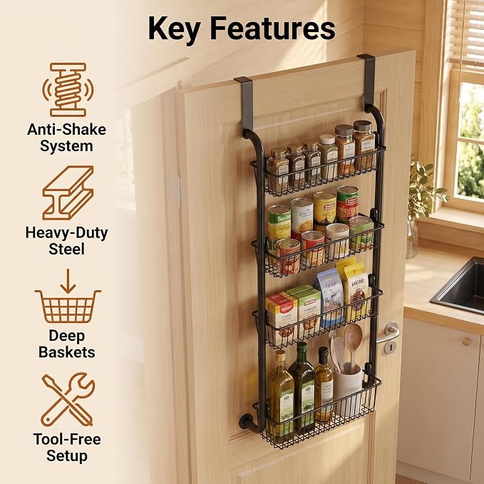 Purebox 4-Tier Over The Door Pantry Organizer & Spice Rack, Heavy Duty Deep Basket Storage with Thickened Carbon Steel Frame & Anti-Shake Suction Cups, Hanging Rack for Kitchen Bathroom Laundry