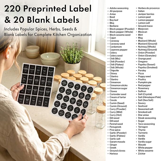 EDELHAUS Glass Spice Jars with Label, 36x Bamboo Wooden Lids - Black Labels | Airtight Lids keep spices fresh, Kitchen Spice Drawer Organizer, 4oz Seasoning Containers incl. Funnel, Brush & 240 Labels