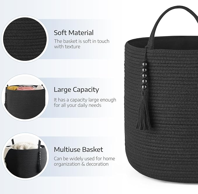 Mkono Woven Storage Basket Decorative Natural Rope Basket Wooden Bead Decoration for Blankets,Toys,Clothes,Shoes,Plant Organizer Bin with Handles Living Room Home Decor, 16" W×13.8" L, Black