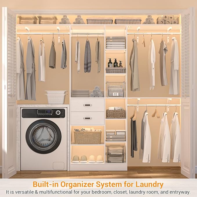 Armocity 8FT Heavy Duty Wood Closet System, 1500 LBS+ Capacity Wall Mounted Walk-in Closet Organizer with 2 Drawers & 4 Hanging Rods, 96'' Custom Bedroom Storage Wardrobe, White