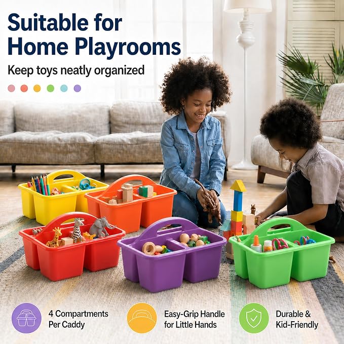 gisgfim 6 Pack Plastic Classroom Caddy with 4-Compartments Plastic Storage Caddies with Handle 4 Compartments Table Caddy Organizer Versatile Table Caddies for Classroom Office, Rainbow Color