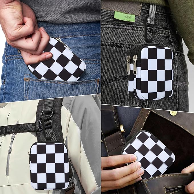 E-Tree Coin Purse with Carabiner Clip, Dual Layer Card Case Holder, Mini Pouch for AirPod Earphone Keychain USB Cable,Wallet, Small Accessories Organizer Bag for Women and Men (Black Checkered)
