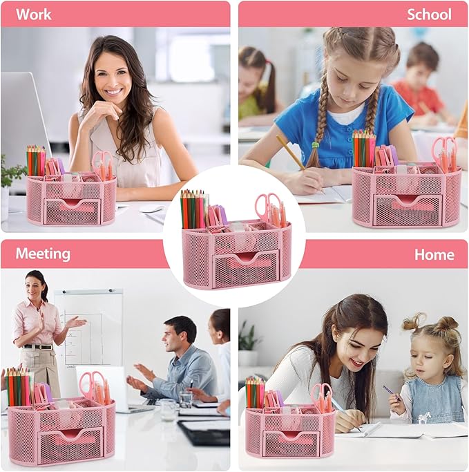 Pink Office Supplies for Desk,14pcs Desk Sets and Accessories, Office Supply Kit with Mesh Desktop Organizer and Stapler,Staple Remover, Staples,Tape Dispenser,Sticky Tabs,Scissors, Ruler