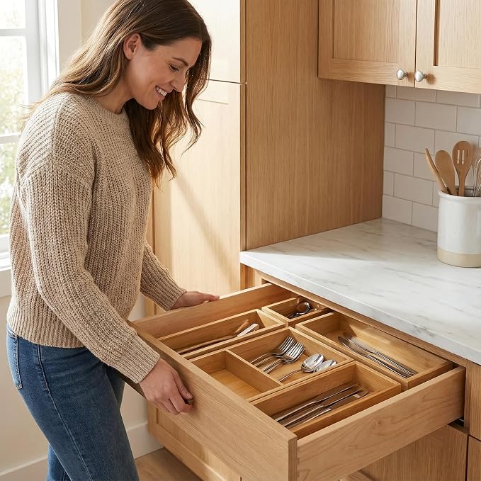 Bamboo Drawer Organizer Set, 5 Piece | Modular Wooden Storage Trays, Kitchen, Bathroom, Vanity Office Desk, Decluttering Solution, Makeup, Jewelry Office Supplies