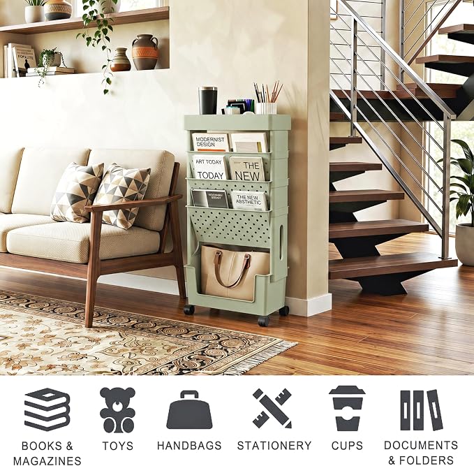 5-Tier Rolling Bookshelf Magazine Rack with Wheels Green | Mobile Bookcase, Book Storage, File Folder Organizer Cart for Home Study Office Living Room Classroom